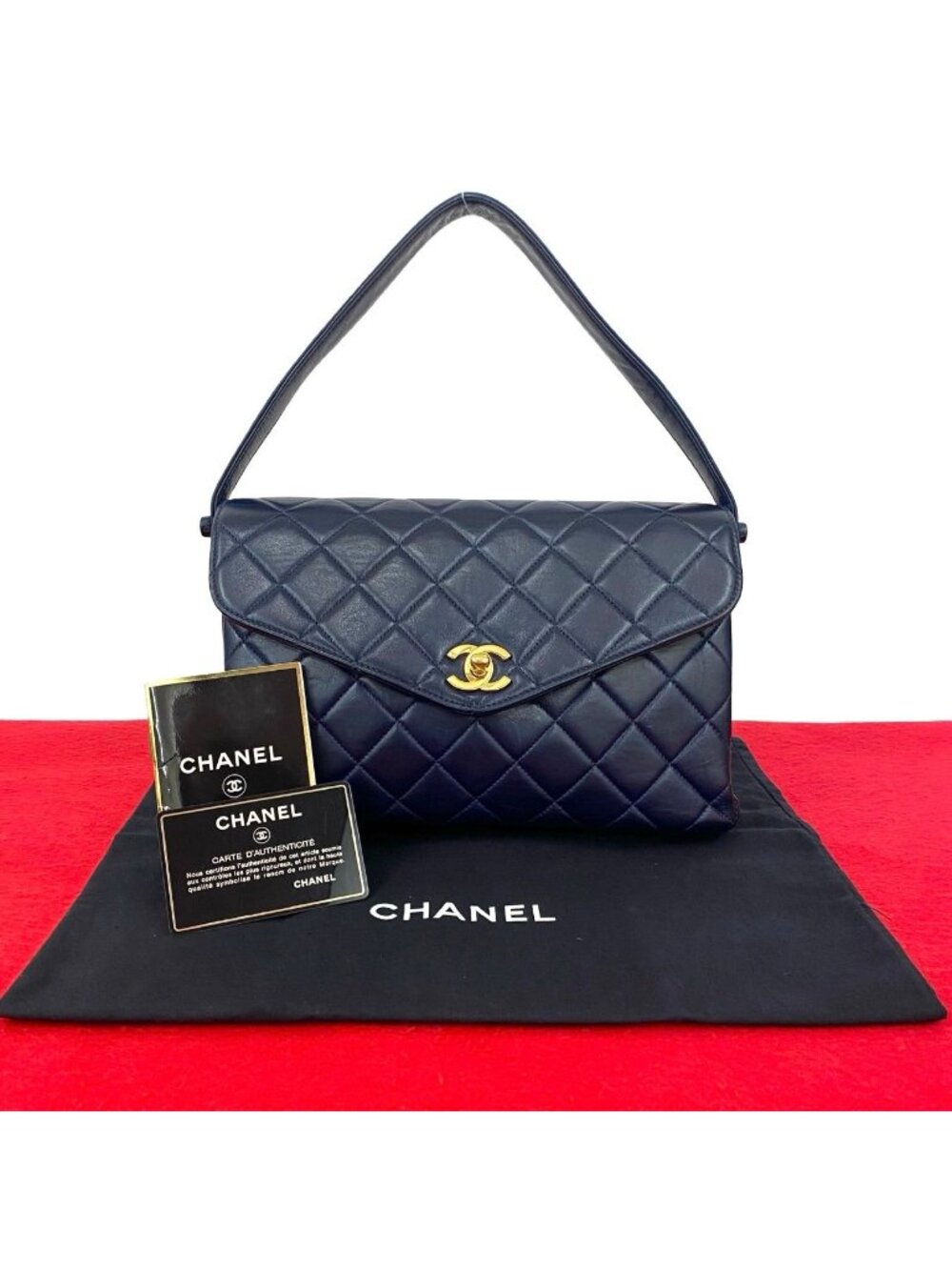 Chanel Quilted CC Logo Lambskin Face Leather Handbag Navy